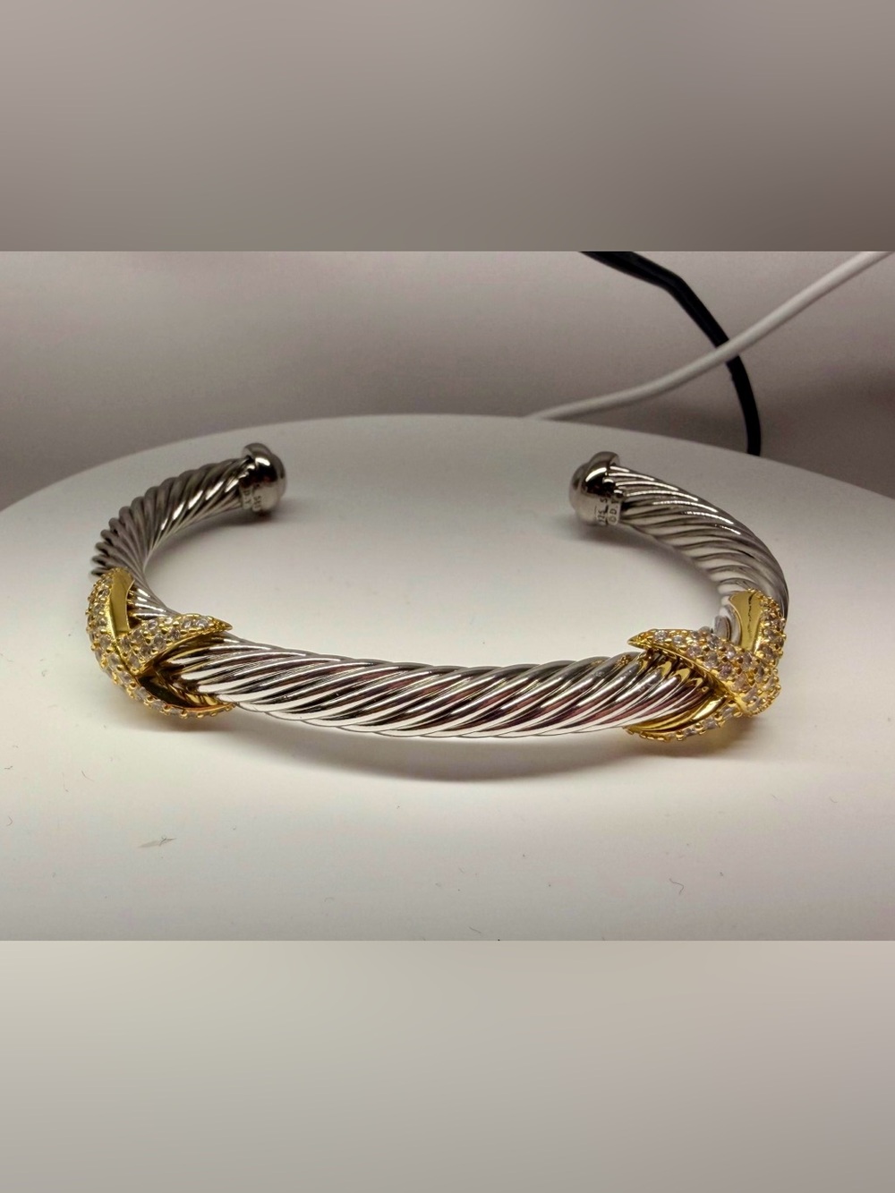 David Yurman Silver Cable Cuff with Gold Pavé Accents. 7mm